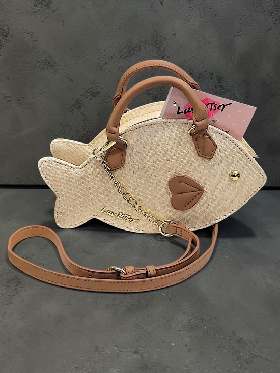 Betsey Johnson Handbags - Betsey Johnson Beige Fish-Shaped Crossbody Bag Wicker with Brown Trim